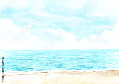 Seascape.Tropical beach with sea and blue cloudy sky, summer vacation concept and background. Hand drawn watercolor illustration
