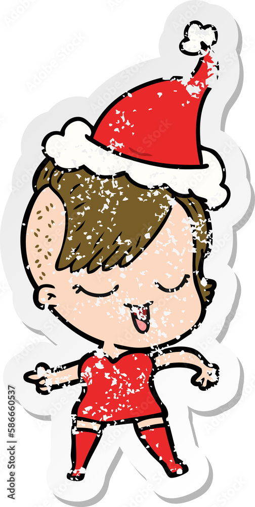 happy distressed sticker cartoon of a girl wearing santa hat happy distressed sticker cartoon of a girl wearing santa hat