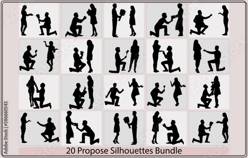 Silhouette of a man makes a proposal to marry the woman vector illustration,makes a proposal to marry the girl,Couple propose silhouettes in different poses
 photo