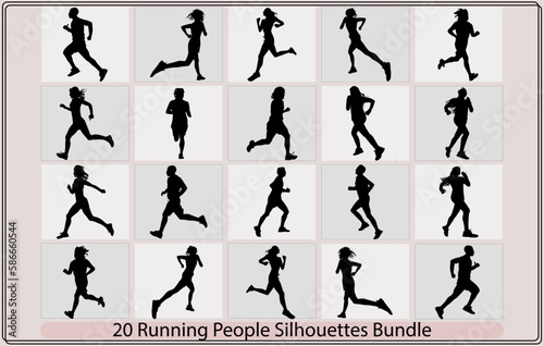 Running men and women silhouettes,Set of silhouettes of running men and women. Vector, run,Group of running people, men and women
