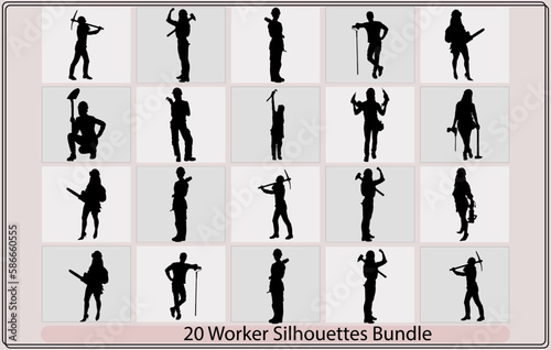 worker black silhouette in various poses art illustration,construction workers silhouettes,Engineer workers silhouette, photo