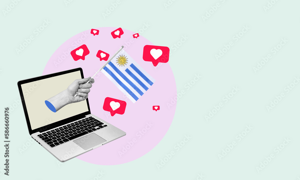 Art collage, the hand with the flag of Uruguay from a laptop with hearts and barbs on a light background. Art collage, the hand with the flag of Uruguay from a laptop with hearts and barbs on a light background.