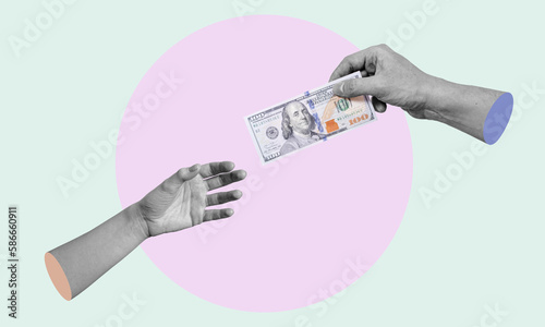 Art collage, hands with money, hands reaching for money.