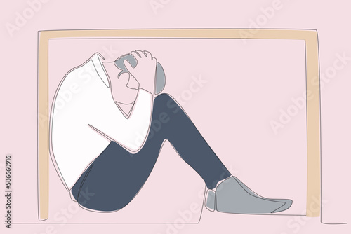 Color illustration of a man sheltering from an earthquake. Earthquake one-line drawing