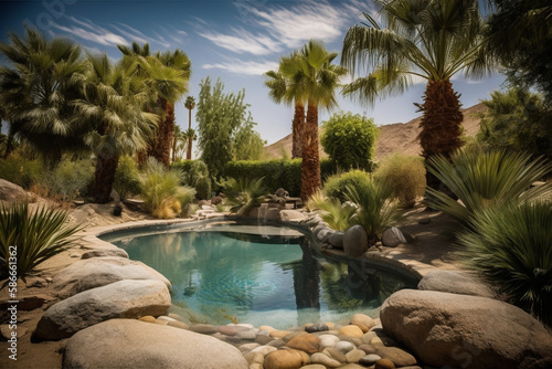 summer time pool. beautiful desert landscaping  palm trees  generative ai 