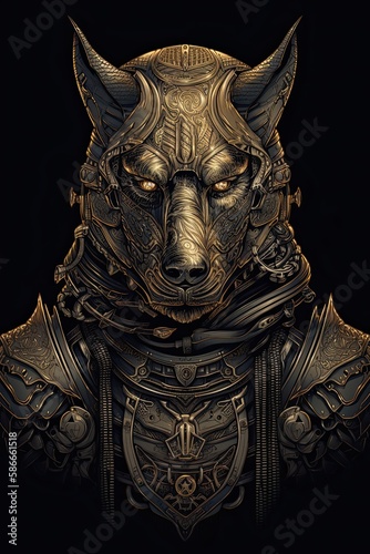Fearless Warrior: Portrait of a Wolf Knight in Detailed Metal Armor. Generative AI
