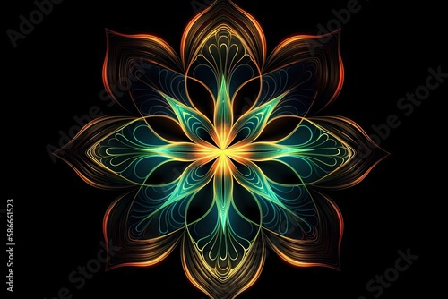 Illuminated Fractal Mandala: Colorful Symmetric Neon-Glowing Lily Over Dark Background: Generative AI © AIGen