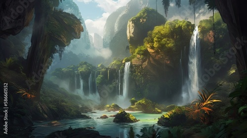 Mystical Waterfalls in Jungle: Fantasy Scene Inspires Game Design: Generative AI © AIGen