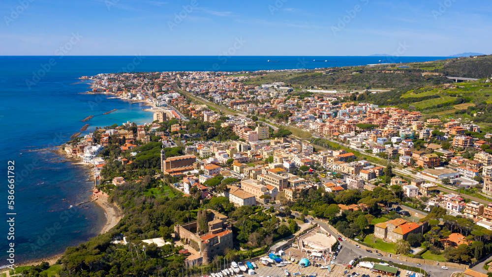 Aerial view of Santa Marinella. It is a town in the Metropolitan City of Rome, Lazio, Italy. It is located on the Mediterranean Sea and overlooking the Tyrrhenian Sea.
