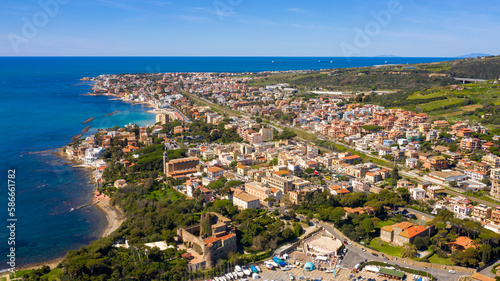 Aerial view of Santa Marinella. It is a town in the Metropolitan City of Rome, Lazio, Italy. It is located on the Mediterranean Sea and overlooking the Tyrrhenian Sea.