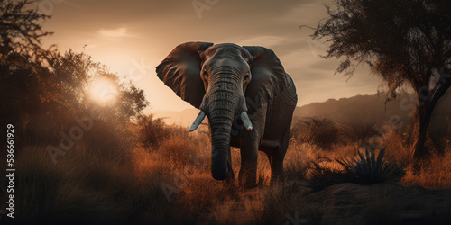 Elephant on sunset safari, african wildlife landscape 