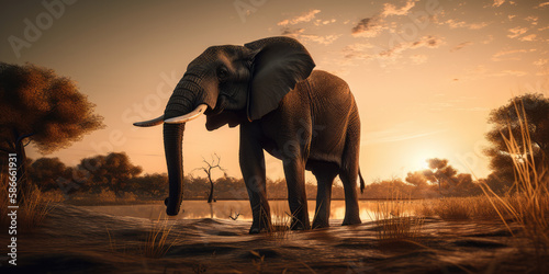 Elephant on sunset safari, tropical african landscape 