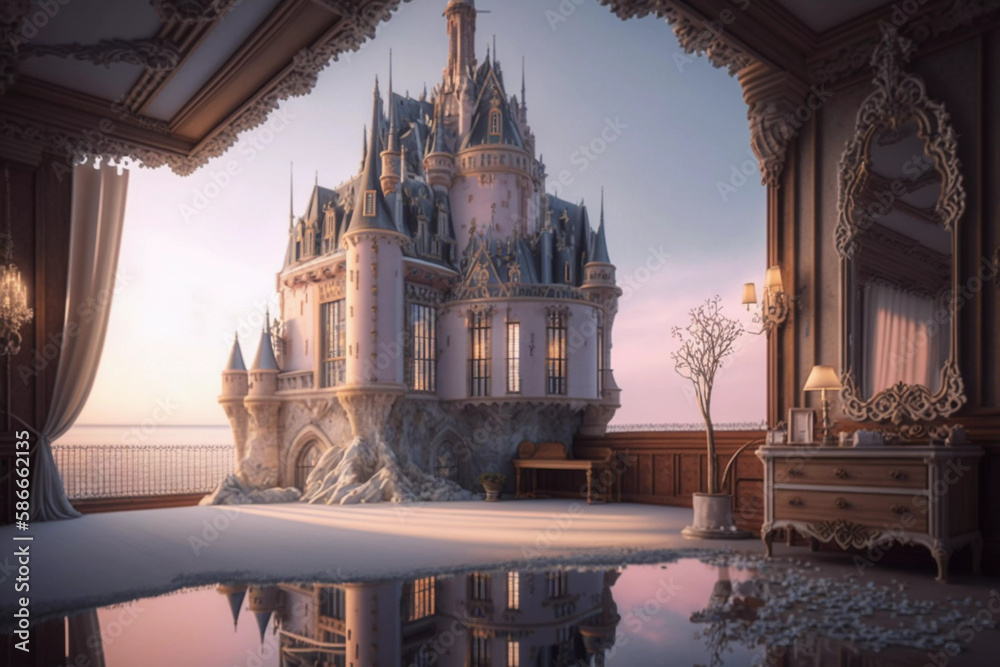 Interior of fairy bedroom of princess overlooking the royal castle with ...