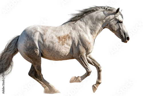 an equestrian-themed photographic illustration of a white horse mustang stallion colt rearing  jumping  and running on a transparent background in PNG. T-shirt design. Generative AI