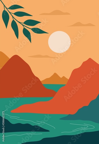 Minimalism landscape sunset in the mountains