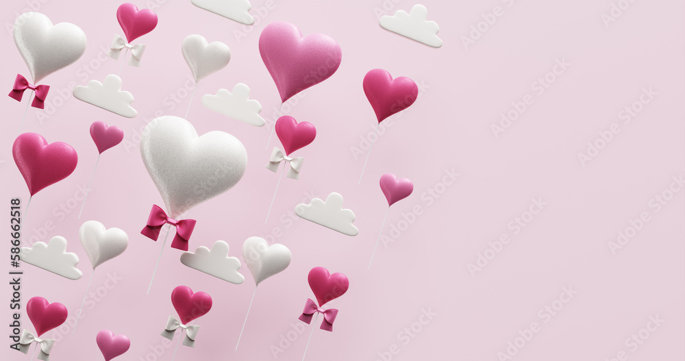 Mother's day celebration, valentine's wedding birthday. Banner with flying hearts and clouds. 3D rendering