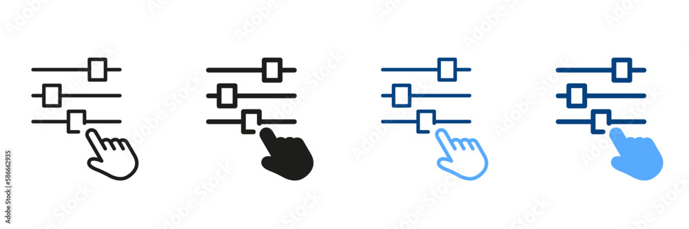 Multimedia Adjusting Symbol Collection. Control Panel and Pointer Line and Silhouette Icon Set. Adjustment Button with Hand Pictogram. Control Panel Sign. Isolated Vector Illustration Multimedia Adjusting Symbol Collection. Control Panel and Pointer Line and Silhouette Icon Set. Adjustment Button with Hand Pictogram. Control Panel Sign. Isolated Vector Illustration