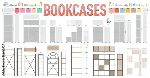 Top and Side Views of Different Bookcases for Plan and Elevation Drawings of Interior Architectural Projects