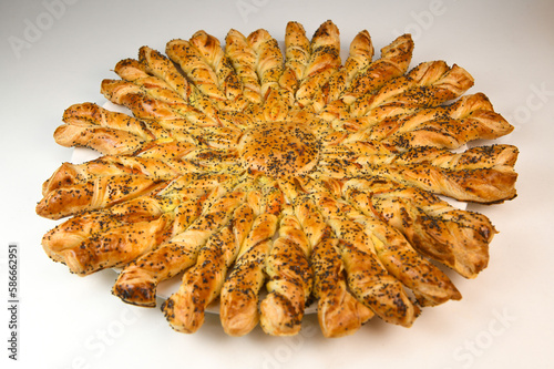 Sun recipe in puff pastry with smoked salmon and boursin cheese. High quality photo