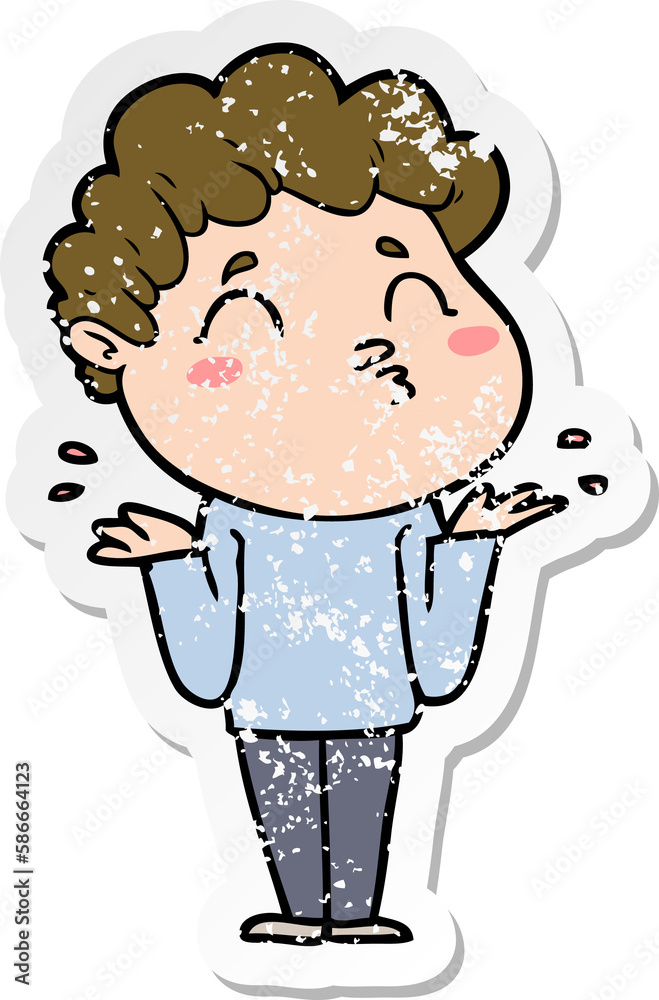 distressed sticker of a cartoon man shrugging distressed sticker of a cartoon man shrugging
