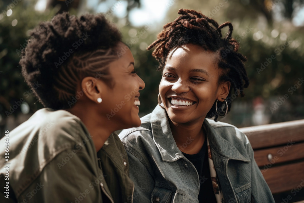 Black queer lesbian couple in park. Generative AI. Black queer lesbian couple in park. Generative AI.