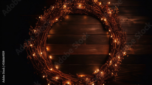 Dark Wooden Background with Christmas Lights. Illustration AI Generative