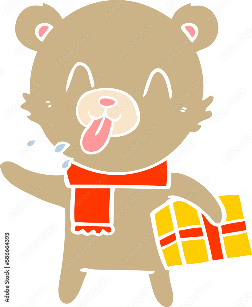 rude flat color style cartoon bear with present