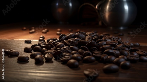 Freshly roasted coffee beans spread on wooden table in cozy coffee shop, print as poster approx. 49w x 26h cm, 300dpi, 3d render, AI Generative