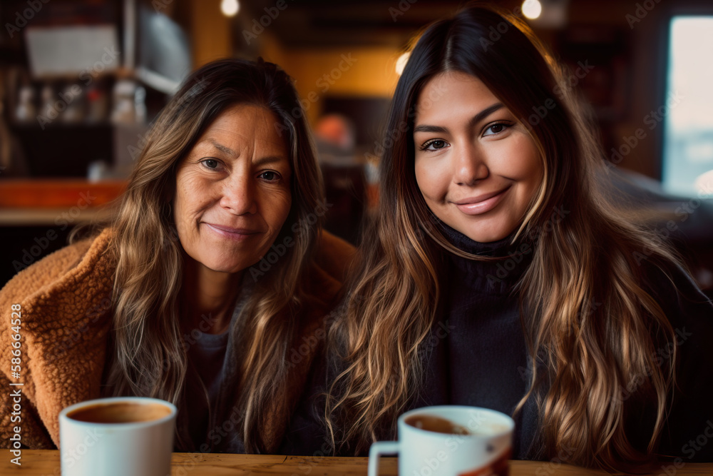 Mother and daughter with coffee in a cafe smiling for the camera. Generative AI. Mother and daughter with coffee in a cafe smiling for the camera. Generative AI.