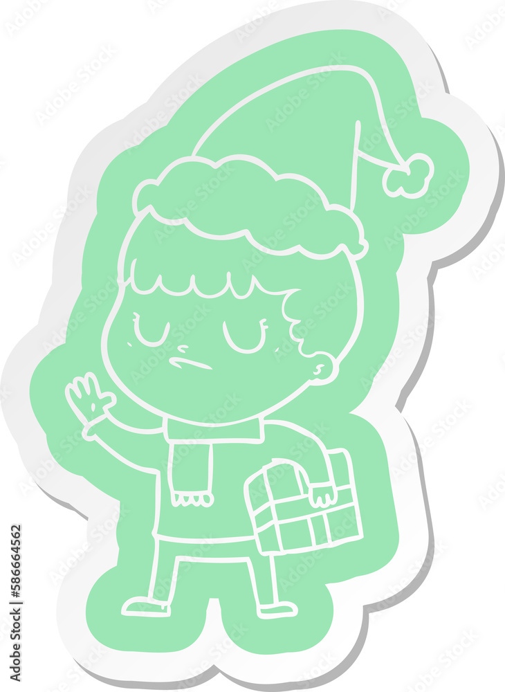 cartoon  sticker of a grumpy boy wearing santa hat