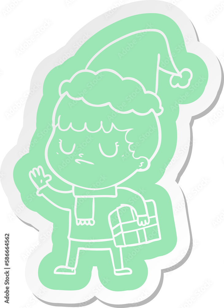 cartoon sticker of a grumpy boy wearing santa hat cartoon sticker of a grumpy boy wearing santa hat