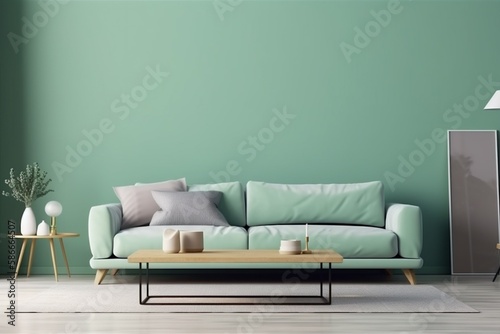 interior background three-dimensional mint white contemporary lamp render comfortable home cosy floor couch. Generative AI.