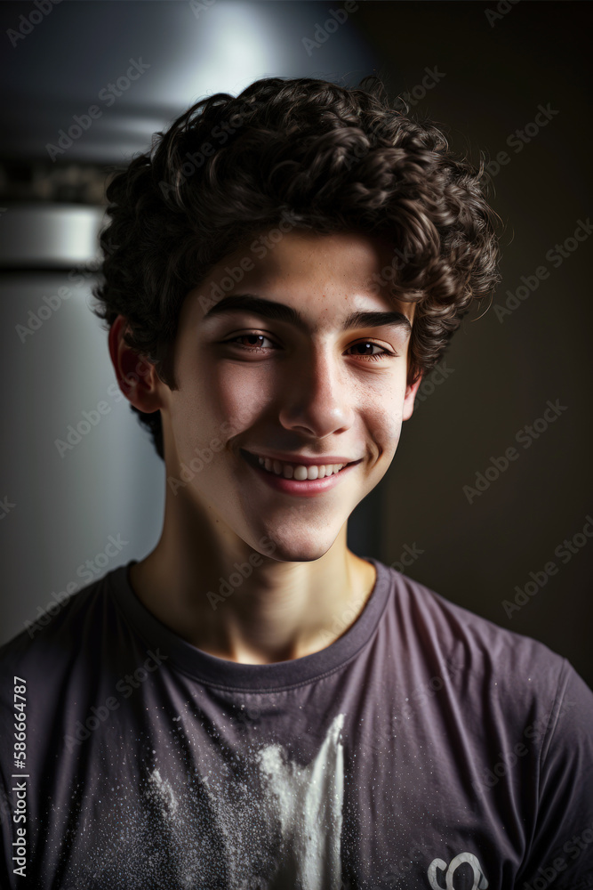 Portrait of a young smiling teenage boy, created with generative A.I. technology. Portrait of a young smiling teenage boy, created with generative A.I. technology.