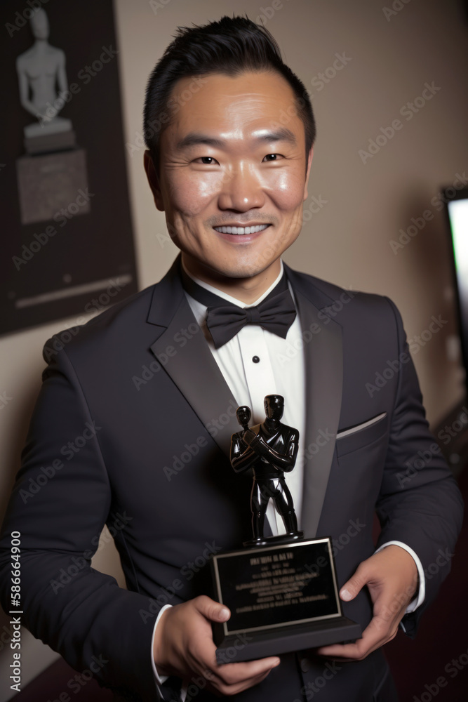 Portrait of an adult Asian looking man holding an award, created with generative A.I. technology. Portrait of an adult Asian looking man holding an award, created with generative A.I. technology.