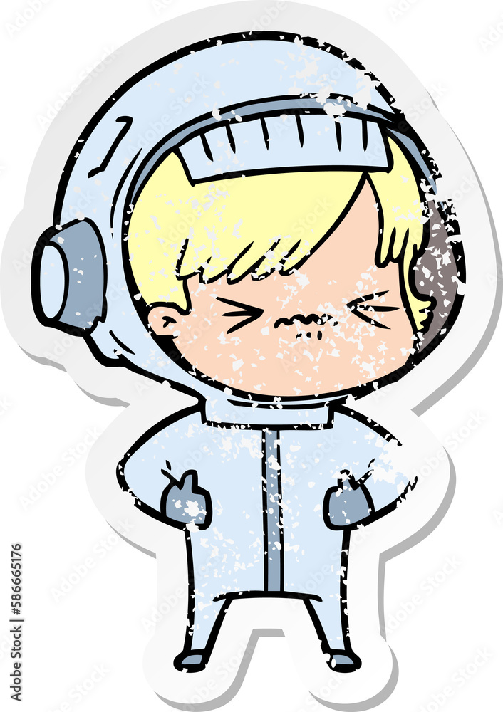 distressed sticker of a cartoon astronaut woman