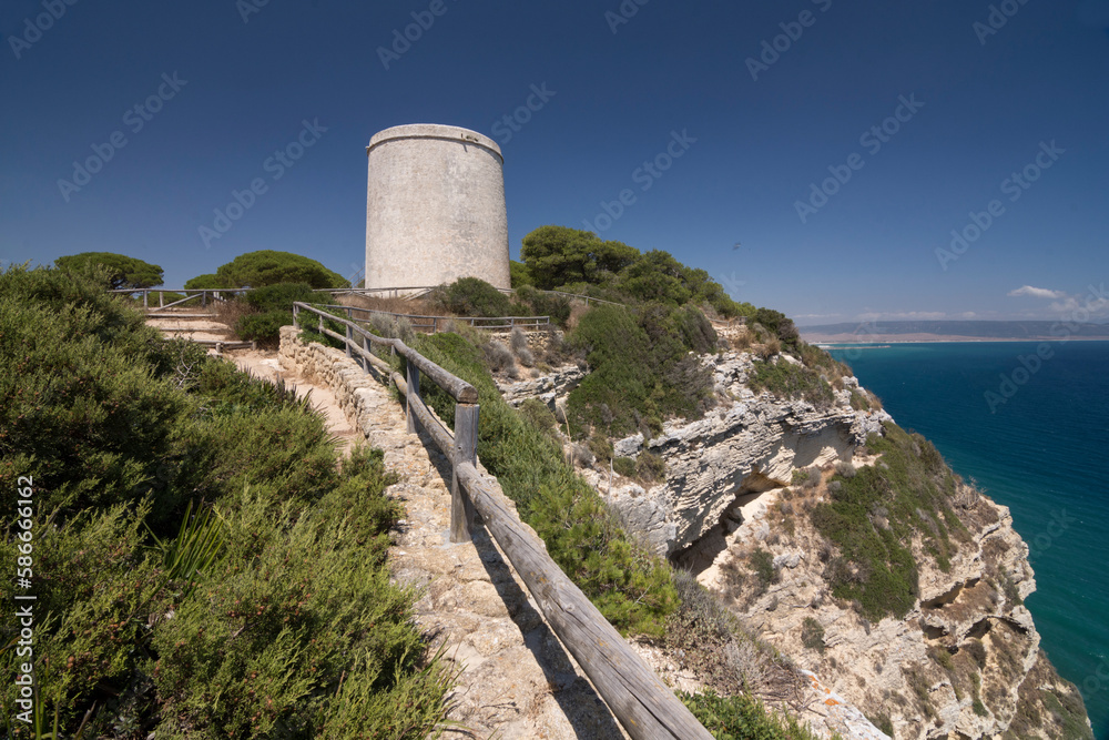 Andalusia,  Cádiz,  Barbate, cliffs and old tower of nature park of La Breña, landscape,  Tourism, travel,  hiking 
