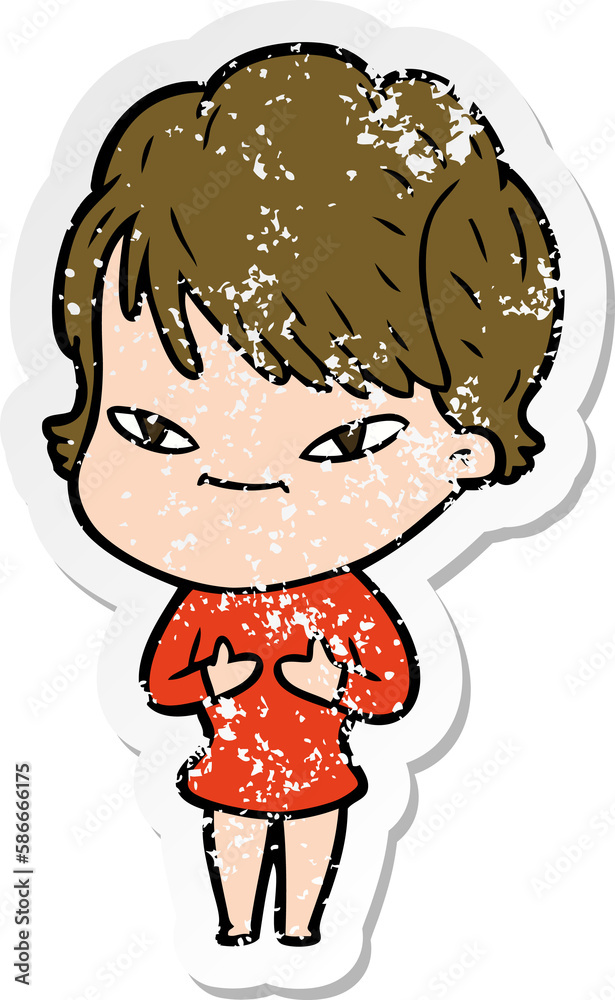 distressed sticker of a cartoon happy woman distressed sticker of a cartoon happy woman