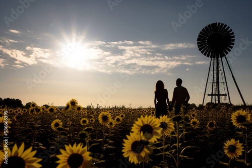 Silhouette of couple in sunflower farm with vintage windmill under the sunlight. Generative AI