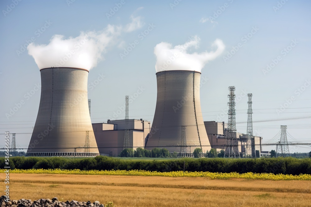 Nuclear power plant with towers and reactors in the background. Generative AI Nuclear power plant with towers and reactors in the background. Generative AI