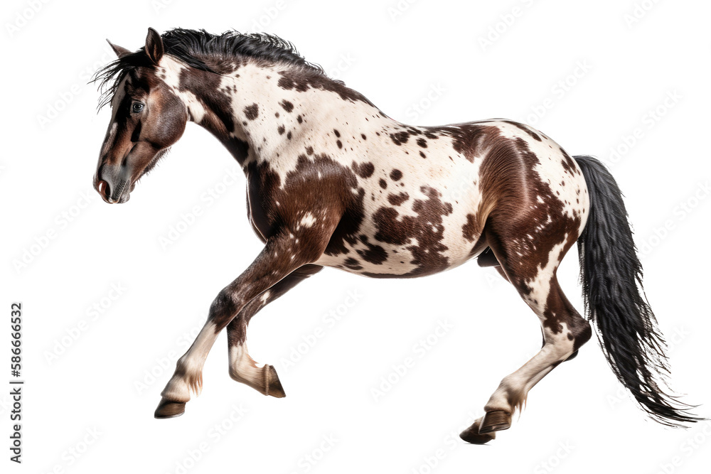 an equestrian-themed photographic illustration of a painted pinto horse mustang stallion rearing, jumping, and running on a transparent background in PNG. T-shirt design. Generative AI an equestrian-themed photographic illustration of a painted pinto horse mustang stallion rearing, jumping, and running on a transparent background in PNG. T-shirt design. Generative AI