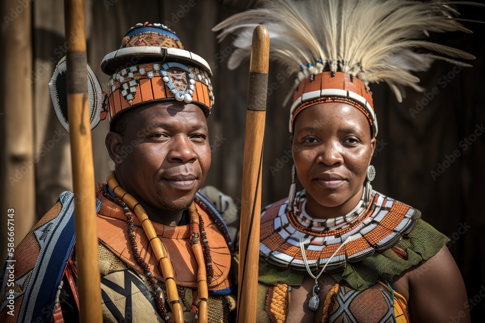 Zulu native couple with their traditional costumes and looking at camera. Generative AI - obrazy, fototapety, plakaty 