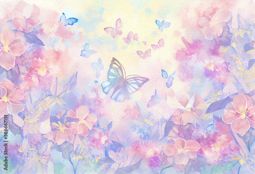 Painted spring background in purple-pink flowers, butterflies and hearts. AI Generated