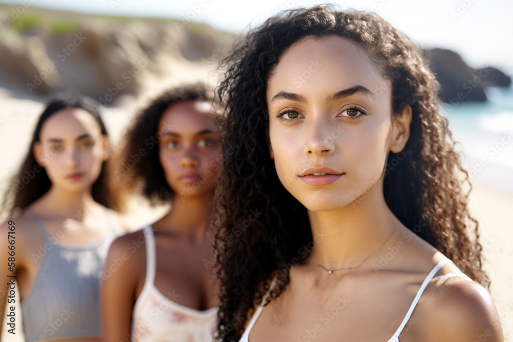 young adult women or teenage girls on the beach in bikini in sunshine and clear sky on vacation or local people around vacation spot, fictional location. Generative AI