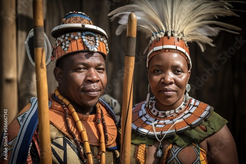 Zulu native couple with their traditional costumes and looking at camera. Generative AI photo