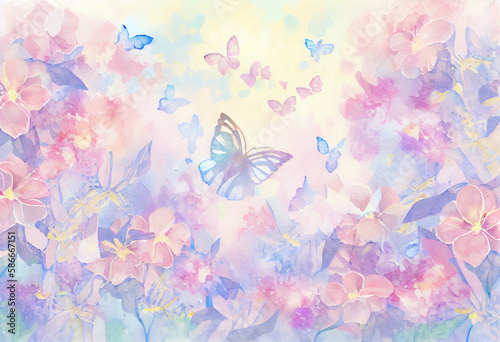 Painted spring background in purple-pink flowers, butterflies and hearts. AI Generated ©  iiulia