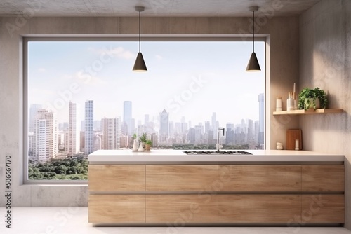 interior table architecture rendering cabinet wood style dining 3d lifestyle light residential decor. Generative AI.