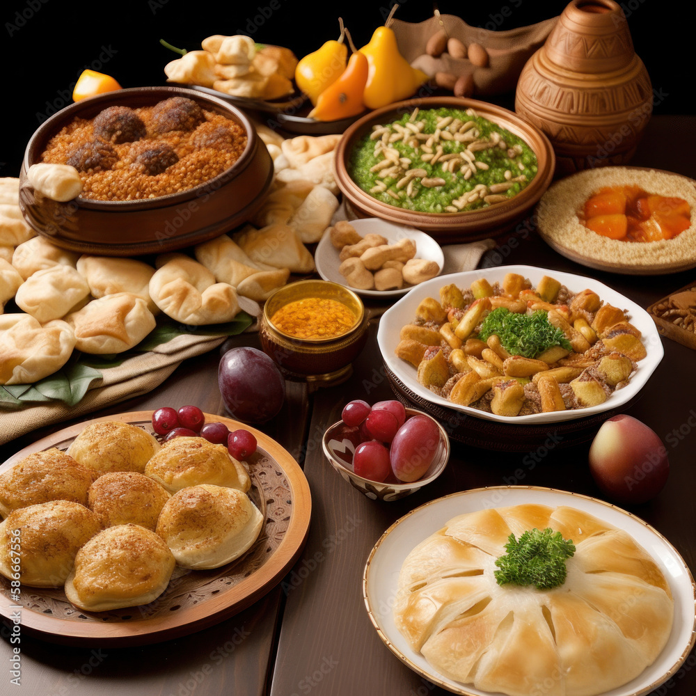 Une table pleine de repas orientaux pour le Ramadan