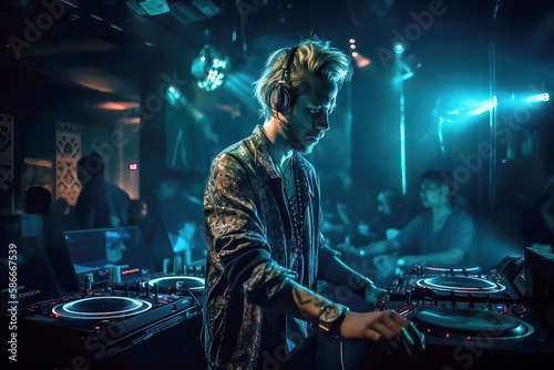 Illustration of a handsome DJ mixing tracks on a mixer in a nightclub with colorful lasers show. An amazing club atmosphere with a lof of people dancing to electronic music. Generative AI