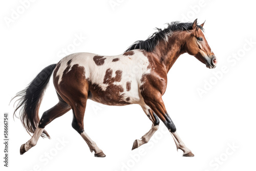 an equestrian-themed photographic illustration of a painted pinto horse mustang stallion rearing, jumping, and running on a transparent background in PNG. T-shirt design. Generative AI