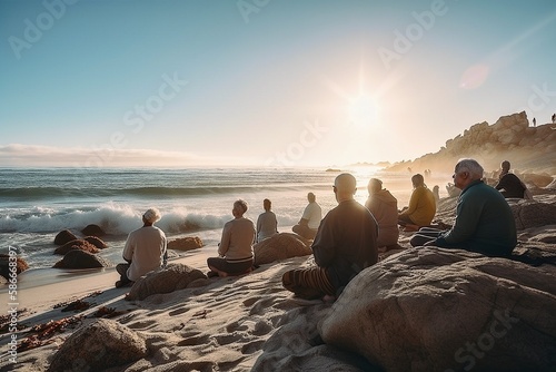 Group Meditation on Beach at Morning with Sunny Weather, Generative AI